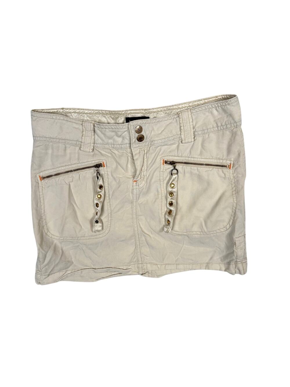 Y2K Vintage BEBE Cargo Utility Mini Skirt Off White Boho Cream Bling 4